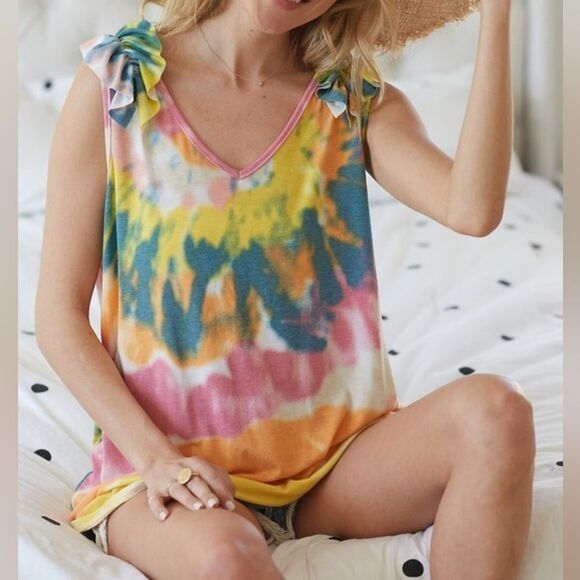 🤩SALE🤩 BiBi Tie Dye Knit V Neck Top Ruffle Strap Colorful Tank Top - Picture 2 of 8